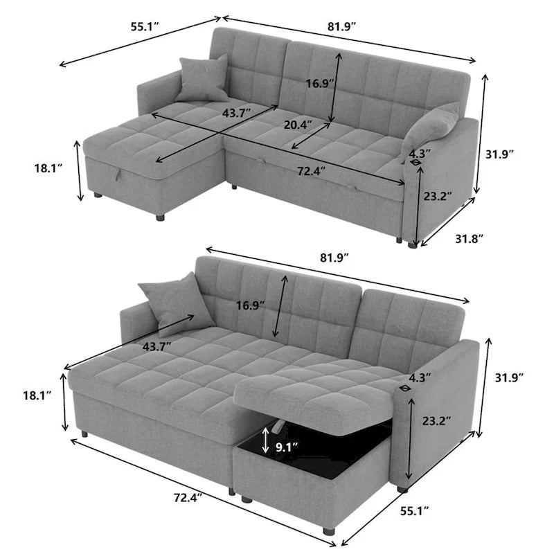L-shaped Pull-out Sleeper Sectional Sofa Bed with Storage Chaise