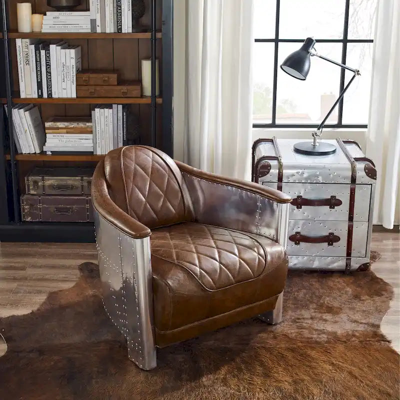 Art Leon IndustrIal Retro Top Grain Leather & Aluminum Accent Chair