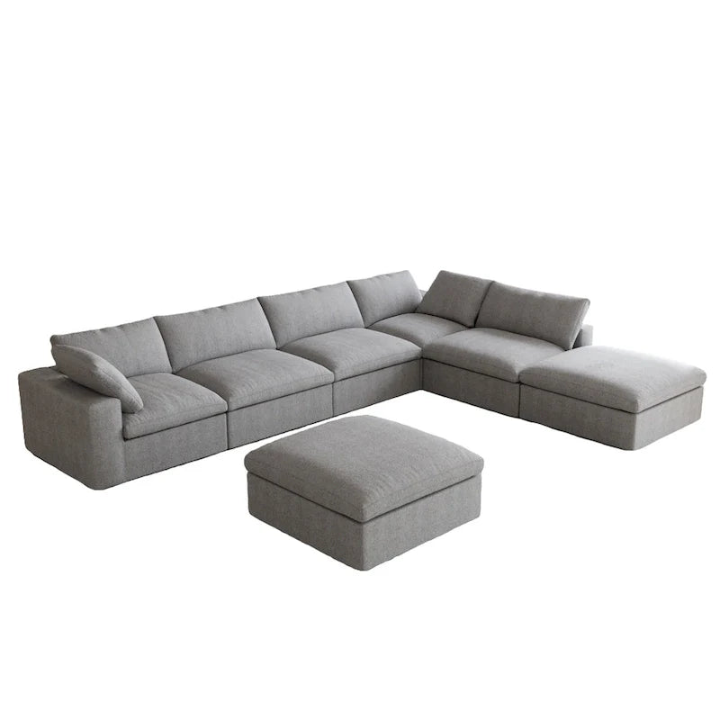 160 in. Free Combination Overstuffed Down Filled Comfort Linen U-shape 6-Seat Sofa Modular Sectional with Ottoman