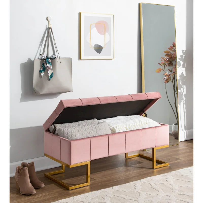 Silver Orchid Crossgar Velvet Storage Bench with Flip-Top Lid