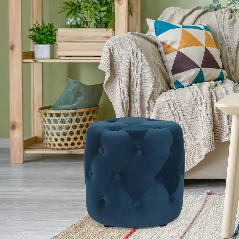 Adeco Tufted Round Ottoman - Upholstered Ottoman Footstool Foot Rest
