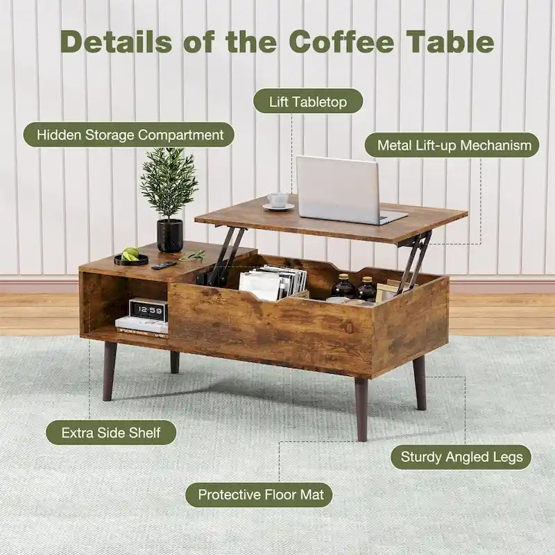 Lift Top Coffee Storage Wood Tables with Hidden Compartment