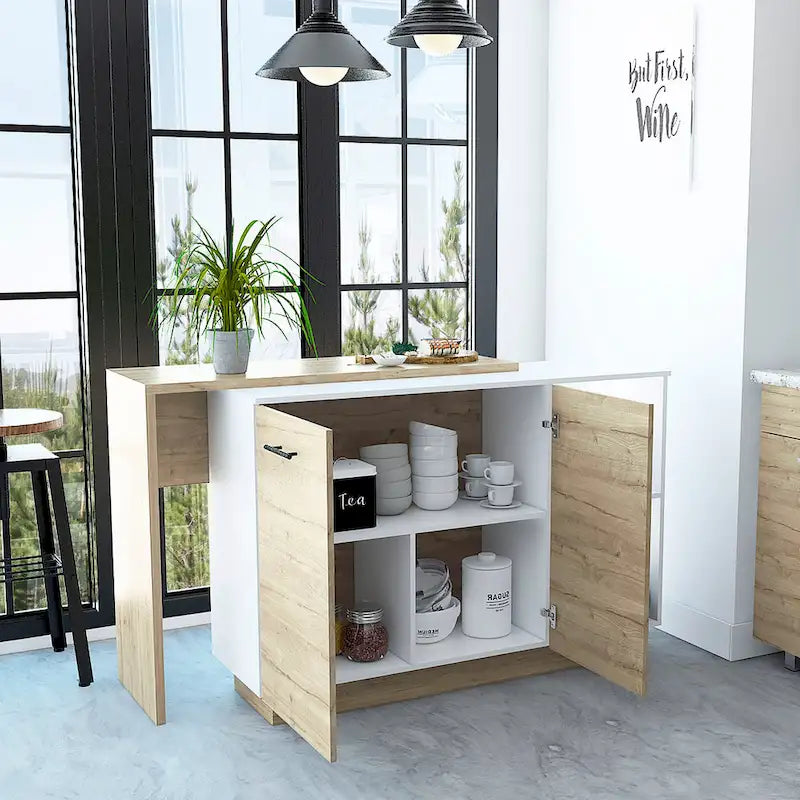 TUHOME Sicilia Kitchen Island with 2 Open Shelves, Double Door Cabinet, and 3 Inner Shelves
