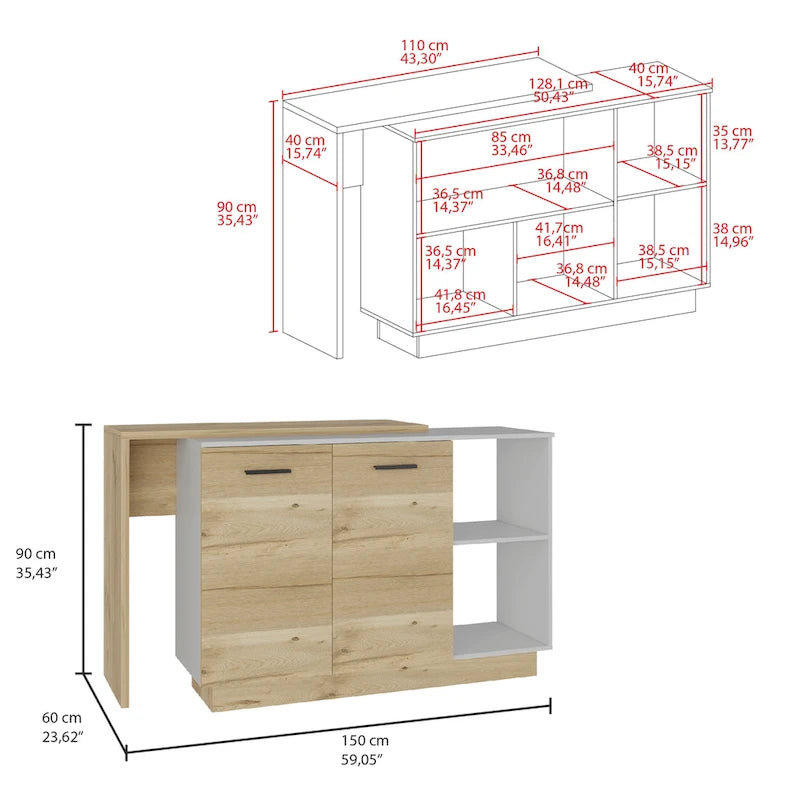 TUHOME Sicilia Kitchen Island with 2 Open Shelves, Double Door Cabinet, and 3 Inner Shelves