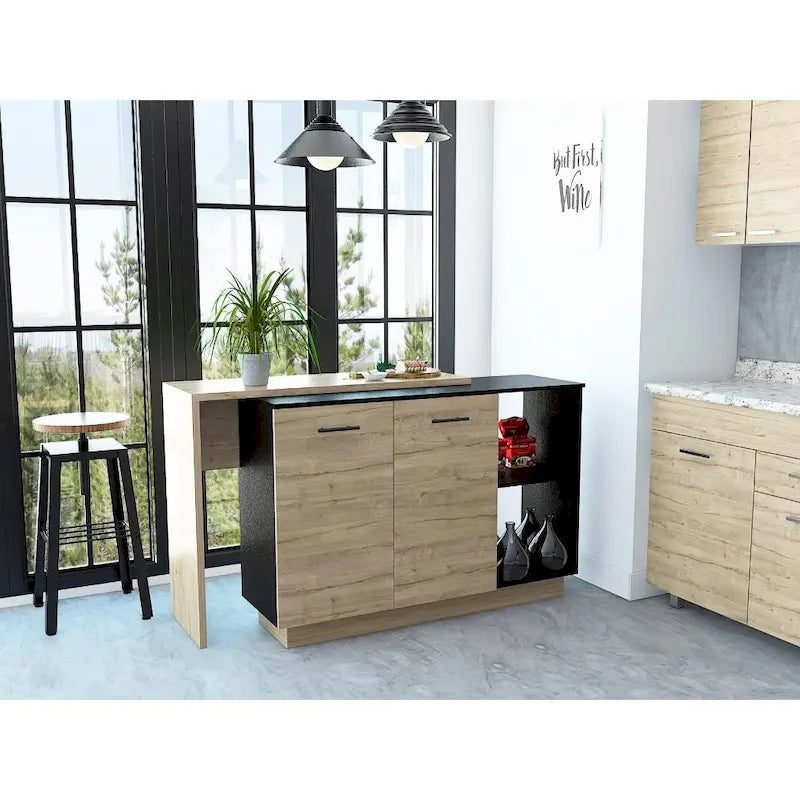 TUHOME Sicilia Kitchen Island with 2 Open Shelves, Double Door Cabinet, and 3 Inner Shelves