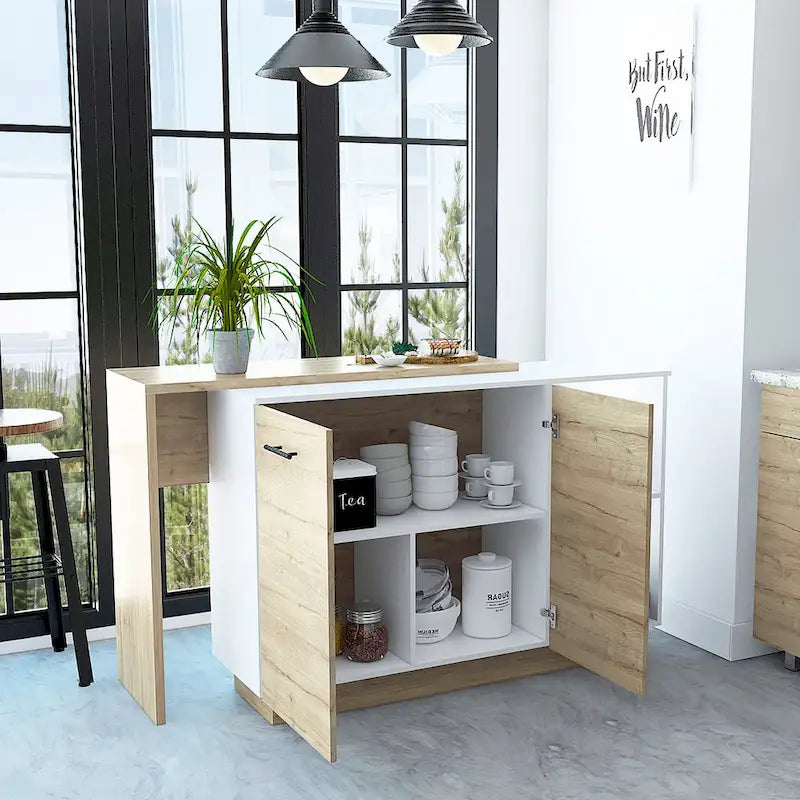 TUHOME Sicilia Kitchen Island with 2 Open Shelves, Double Door Cabinet, and 3 Inner Shelves
