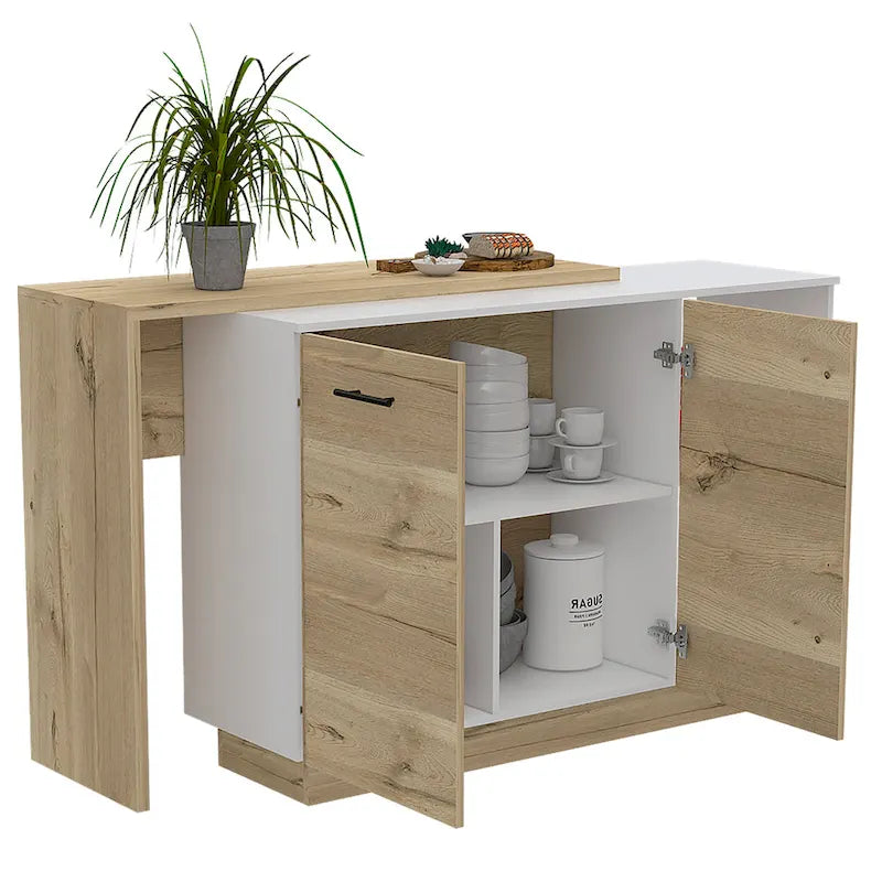 TUHOME Sicilia Kitchen Island with 2 Open Shelves, Double Door Cabinet, and 3 Inner Shelves