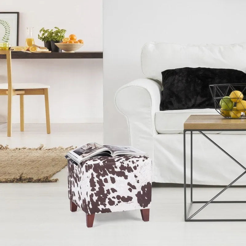 Adeco British Style Cow Print Cube Ottoman Home Bench Classy Footstool
