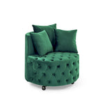 Living Room Velvet Swivel Chair with Button Tufted Design, 3 Pillows & Movable Wheels