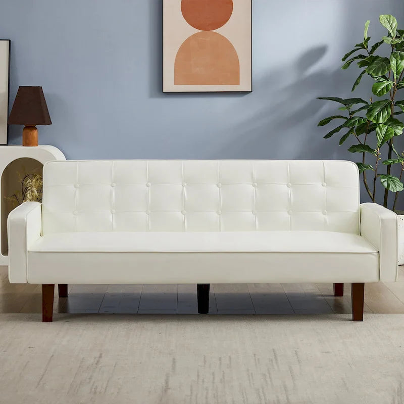 PU Futon Sofa Couch for Living Room Convertible Faux Leather Upholstered Futon Sleeper Sofa Bed Channel Tufted Bedroom Futons