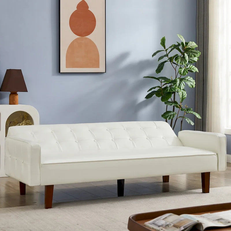PU Futon Sofa Couch for Living Room Convertible Faux Leather Upholstered Futon Sleeper Sofa Bed Channel Tufted Bedroom Futons