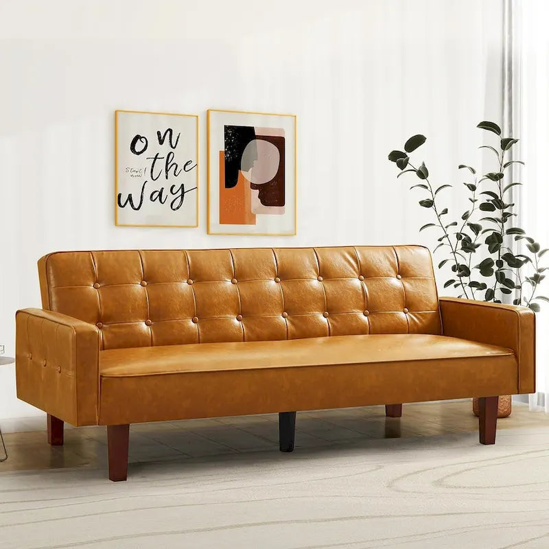 PU Futon Sofa Couch for Living Room Convertible Faux Leather Upholstered Futon Sleeper Sofa Bed Channel Tufted Bedroom Futons
