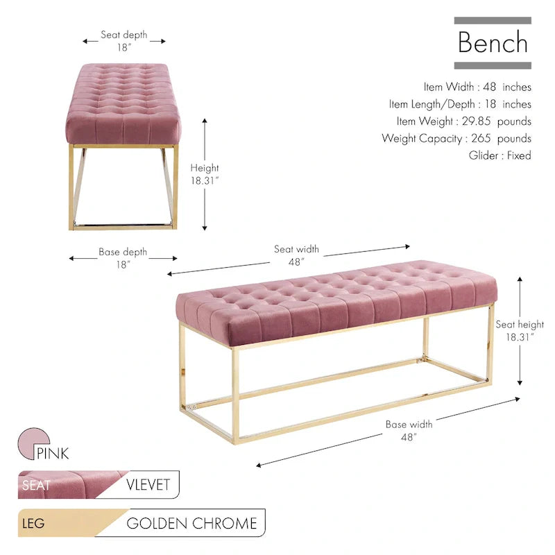 Porthos Home Wenn Tufted Velvet Bench with Gold Chrome Legs