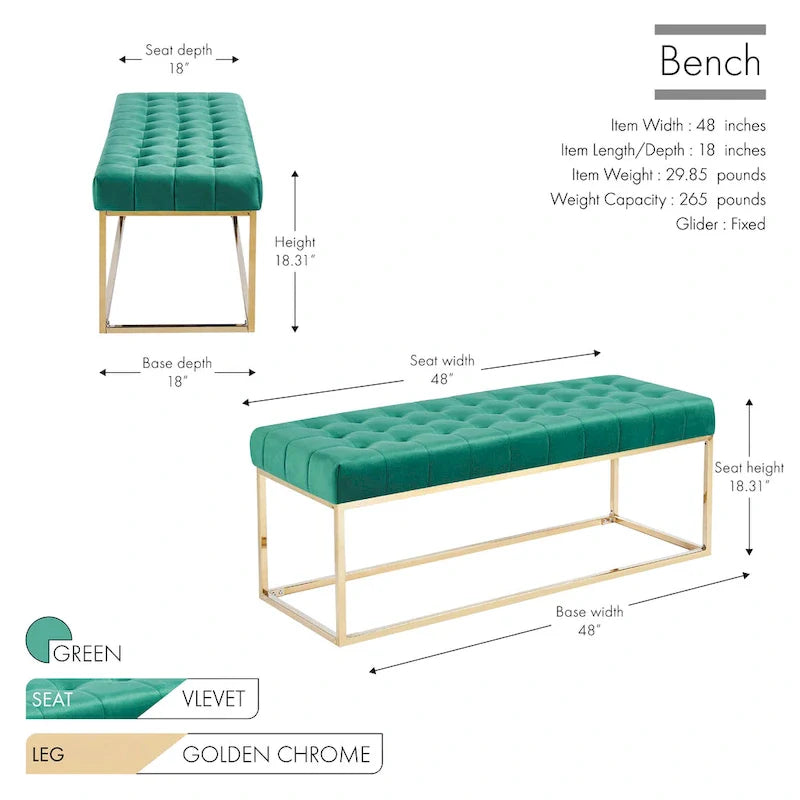 Porthos Home Wenn Tufted Velvet Bench with Gold Chrome Legs