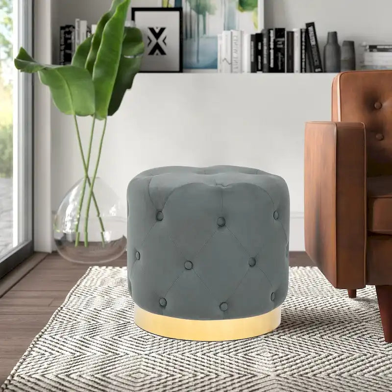 Adeco Round Velvet Ottoman Vanity Footrest Stool Gold Plating Base