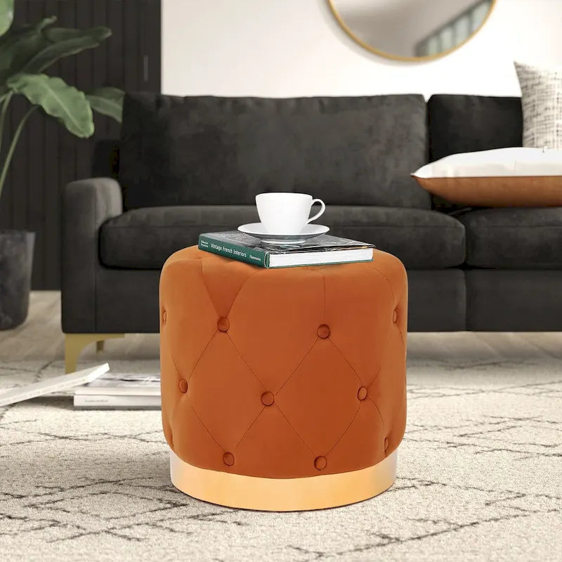 Adeco Round Velvet Ottoman Vanity Footrest Stool Gold Plating Base