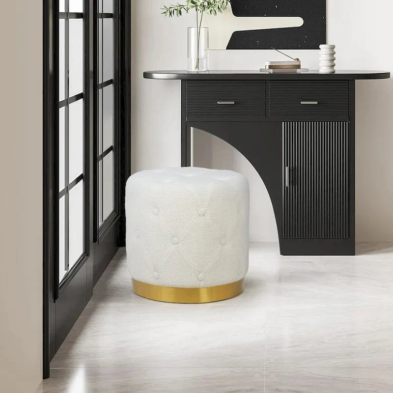Adeco Round Velvet Ottoman Vanity Footrest Stool Gold Plating Base