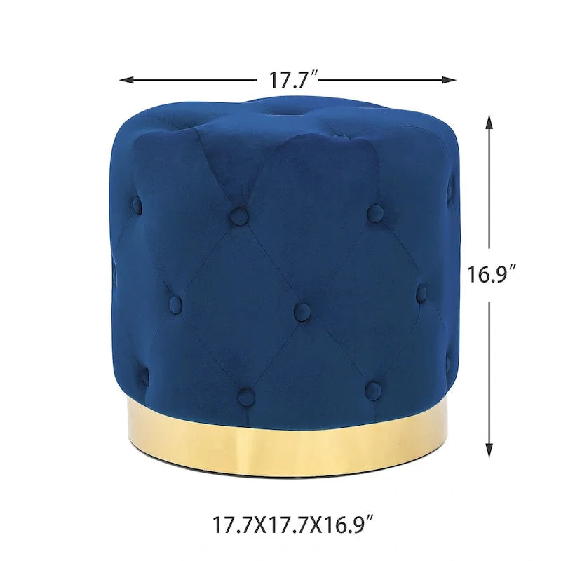 Adeco Round Velvet Ottoman Vanity Footrest Stool Gold Plating Base