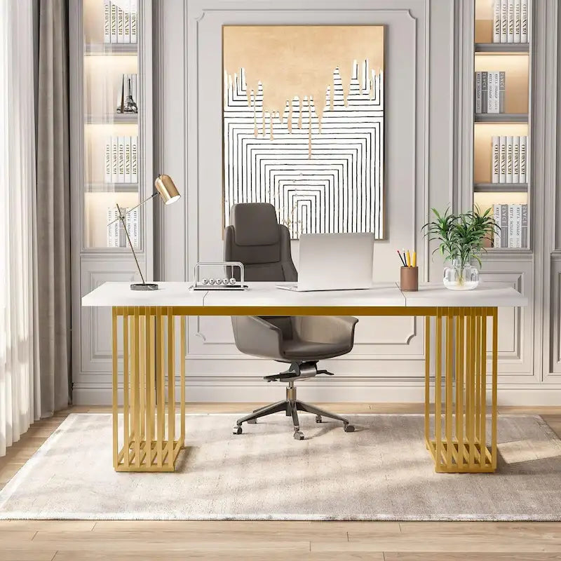 70.9 Inches Modern Office Desk Executive Desk with Gold Metal Legs