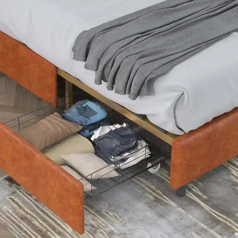 Elegant Platform Bed,Buckle Shaped Backrest,With Four Storage Drawer
