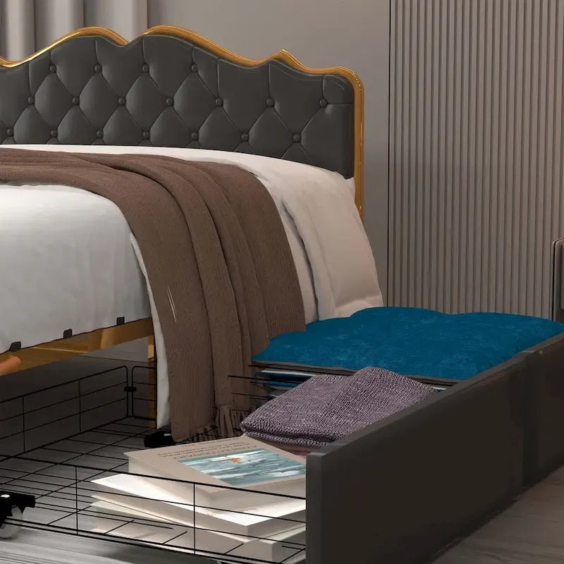 Elegant Platform Bed,Buckle Shaped Backrest,With Four Storage Drawer
