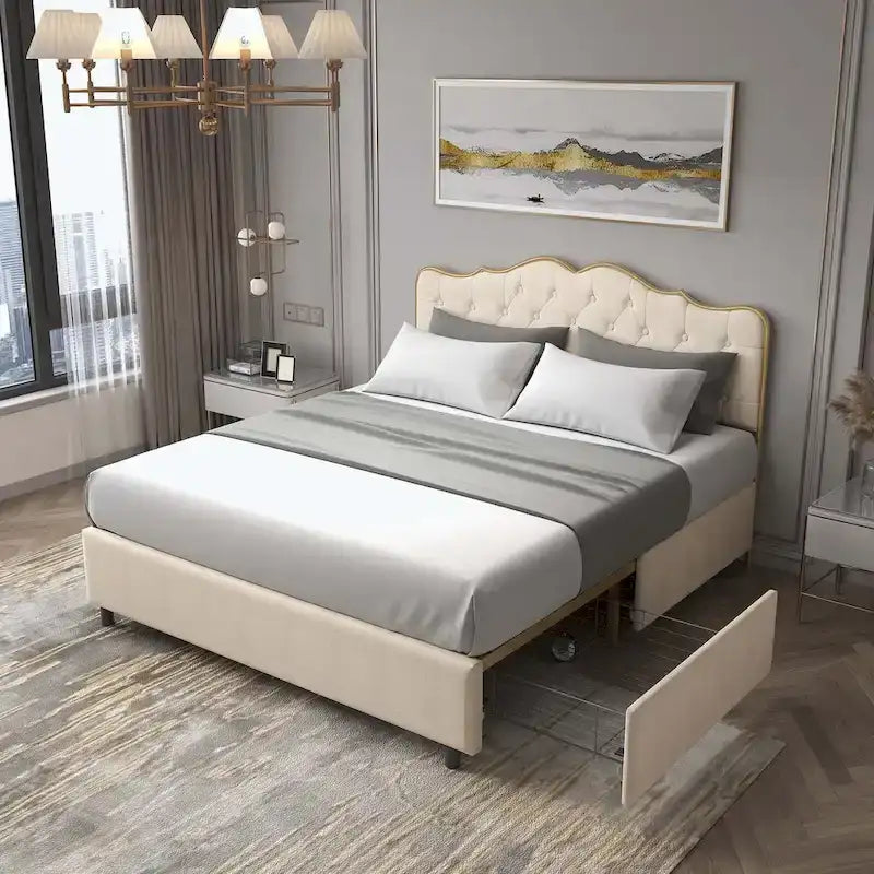 Elegant Platform Bed,Buckle Shaped Backrest,With Four Storage Drawer