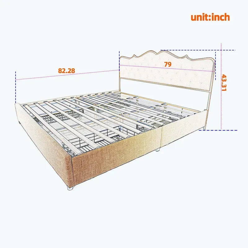 Elegant Platform Bed,Buckle Shaped Backrest,With Four Storage Drawer