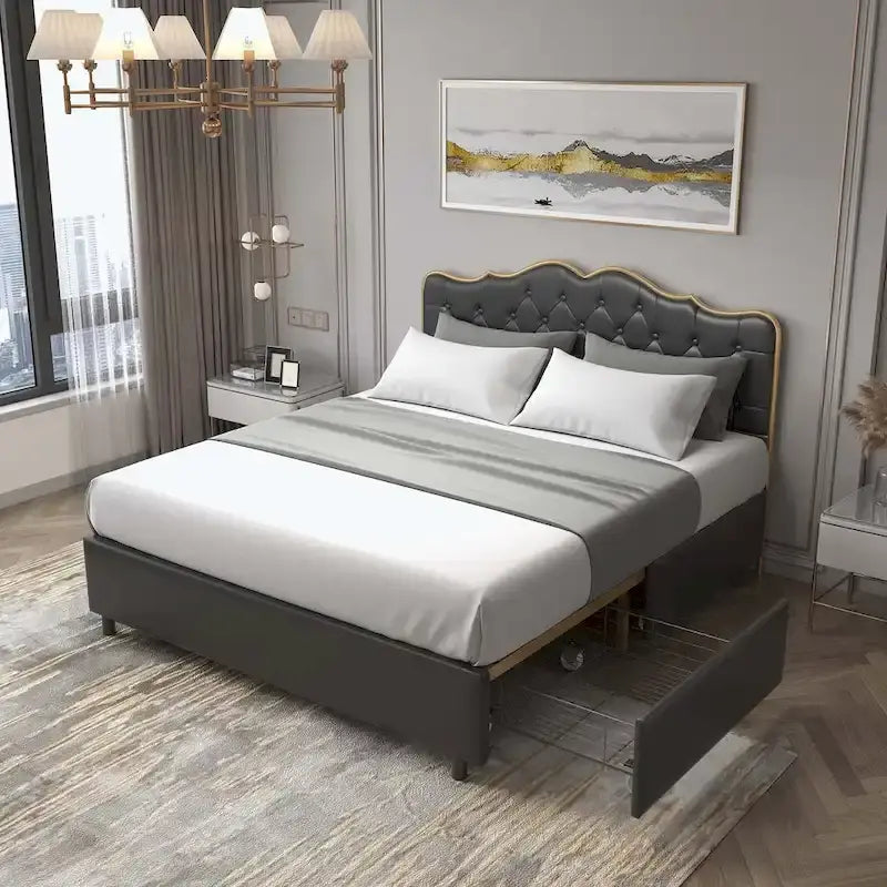 Elegant Platform Bed,Buckle Shaped Backrest,With Four Storage Drawer
