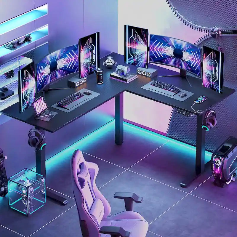63 L Shaped Standing Desk Corner Desk LED Gaming Desk with Ergonomic Monitor Stand