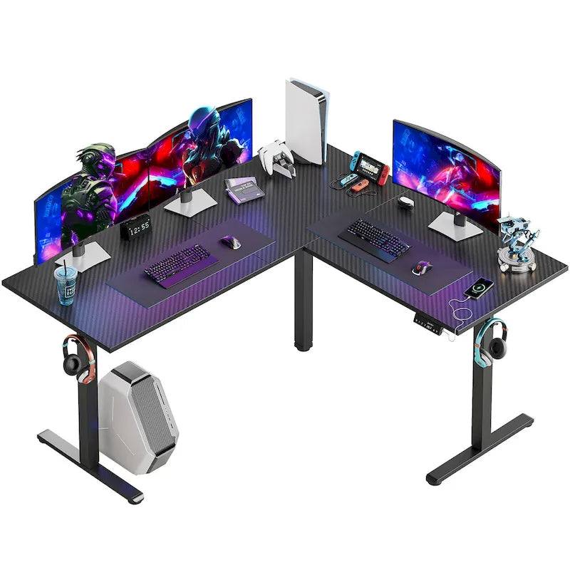 63 L Shaped Standing Desk Corner Desk LED Gaming Desk with Ergonomic Monitor Stand