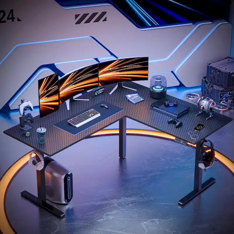 63 L Shaped Standing Desk Corner Desk LED Gaming Desk with Ergonomic Monitor Stand