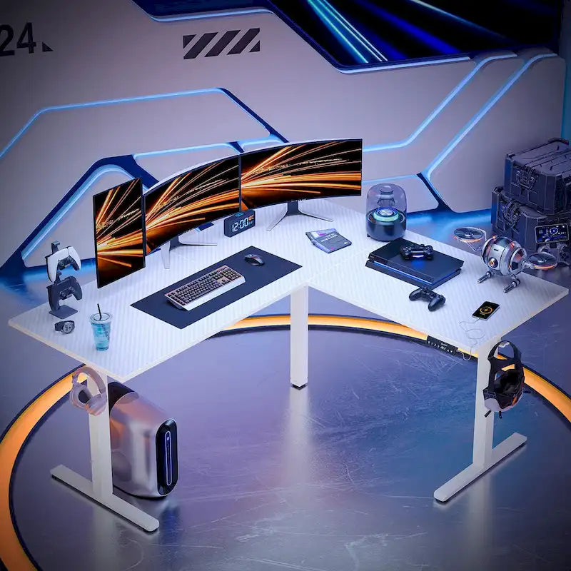 63 L Shaped Standing Desk Corner Desk LED Gaming Desk with Ergonomic Monitor Stand