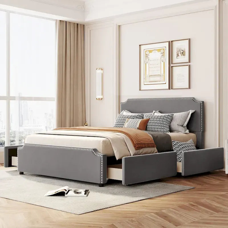 Upholstered Platform Bed with Stud Trim Headboard and Footboard