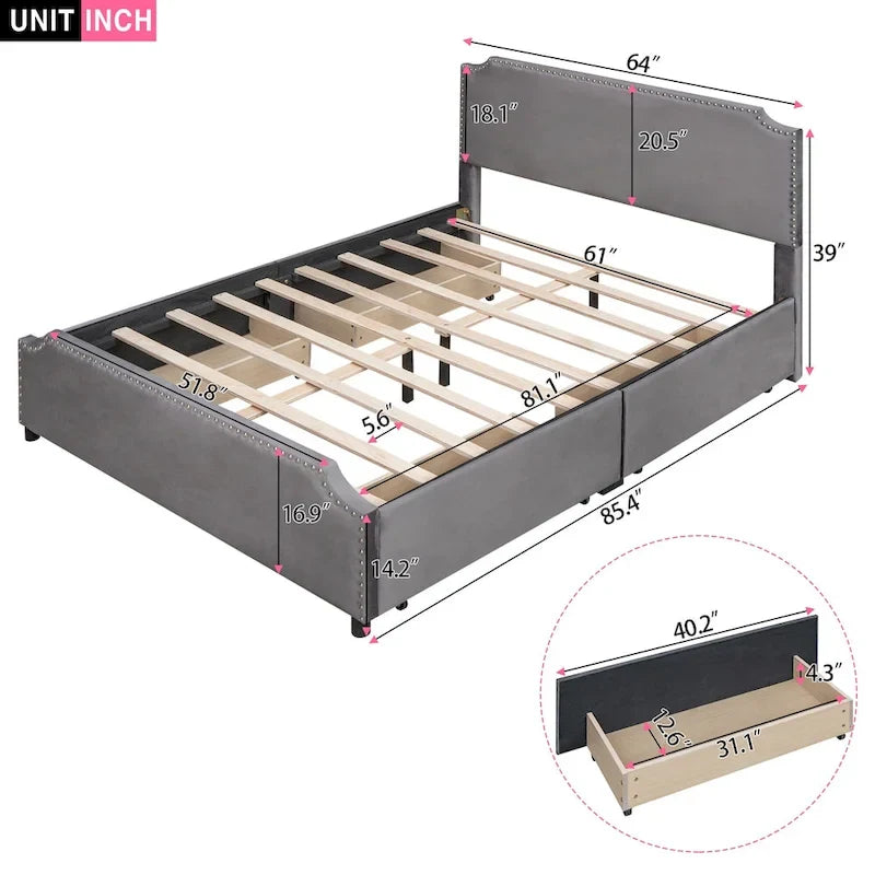 Upholstered Platform Bed with Stud Trim Headboard and Footboard