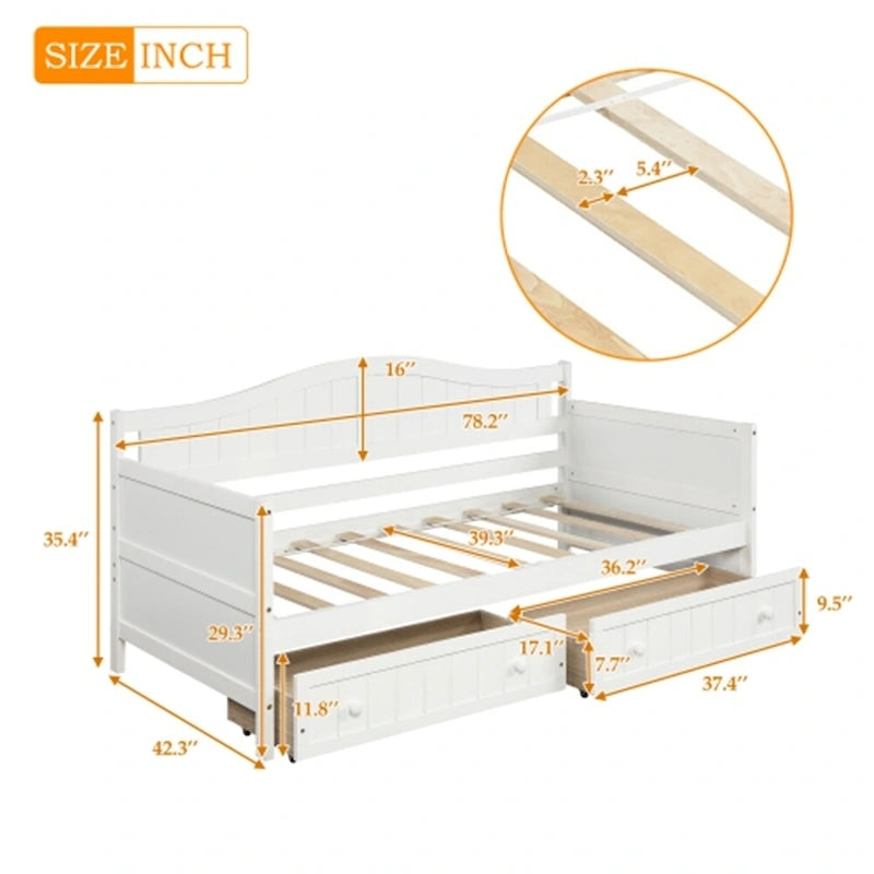 Twin Wooden Daybed with 2 drawers / Trundle Bed, Sofa Bed for Bedroom Living Room,No Box Spring Needed