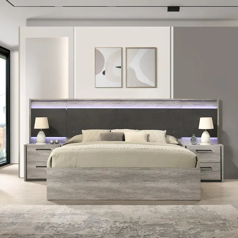 Roundhill Furniture Lenca LED Wallbed with Nightstands - Weathered Gray