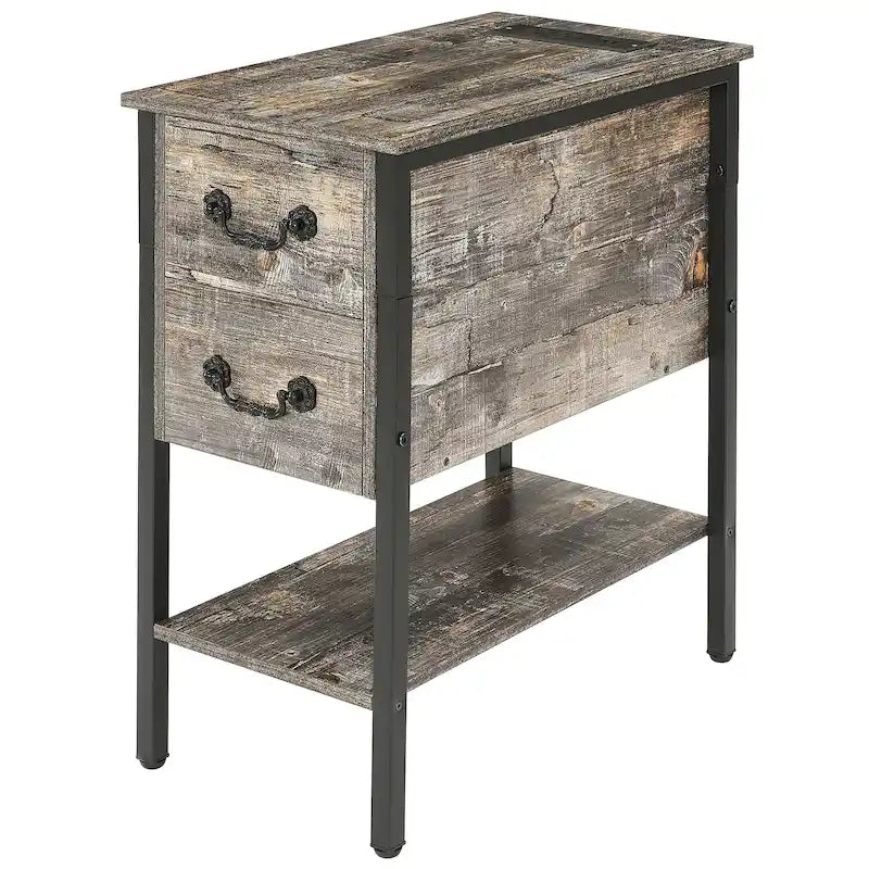 Nightstand with Charging Station, 2 USB Port & 2 Power Outlets, Tall End/Side Table with 2-Drawer and Storage Shelf