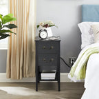 Nightstand with Charging Station, 2 USB Port & 2 Power Outlets, Tall End/Side Table with 2-Drawer and Storage Shelf