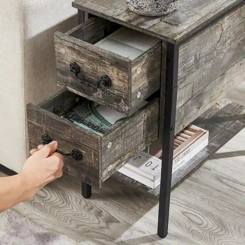 Nightstand with Charging Station, 2 USB Port & 2 Power Outlets, Tall End/Side Table with 2-Drawer and Storage Shelf