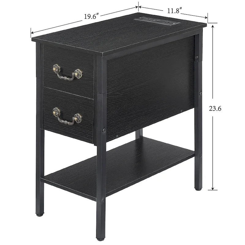 Nightstand with Charging Station, 2 USB Port & 2 Power Outlets, Tall End/Side Table with 2-Drawer and Storage Shelf