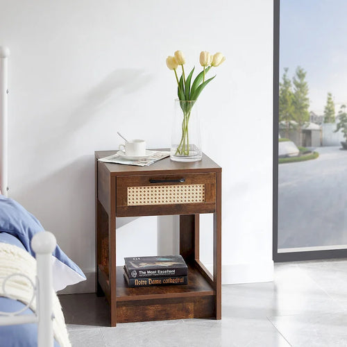 15.75 Rattan End table with drawer, Modern nightstand, side table for living roon, bedroom,natural