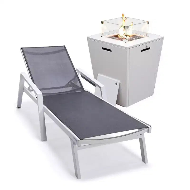 LeisureMod Marlin Modern White Aluminum Patio Chaise Lounge Chair with Arms and Square Fire Pit Side Table, Outdoor Seating for Patio, Deck, Poolside