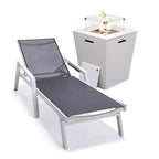 LeisureMod Marlin Modern White Aluminum Patio Chaise Lounge Chair with Arms and Square Fire Pit Side Table, Outdoor Seating for Patio, Deck, Poolside