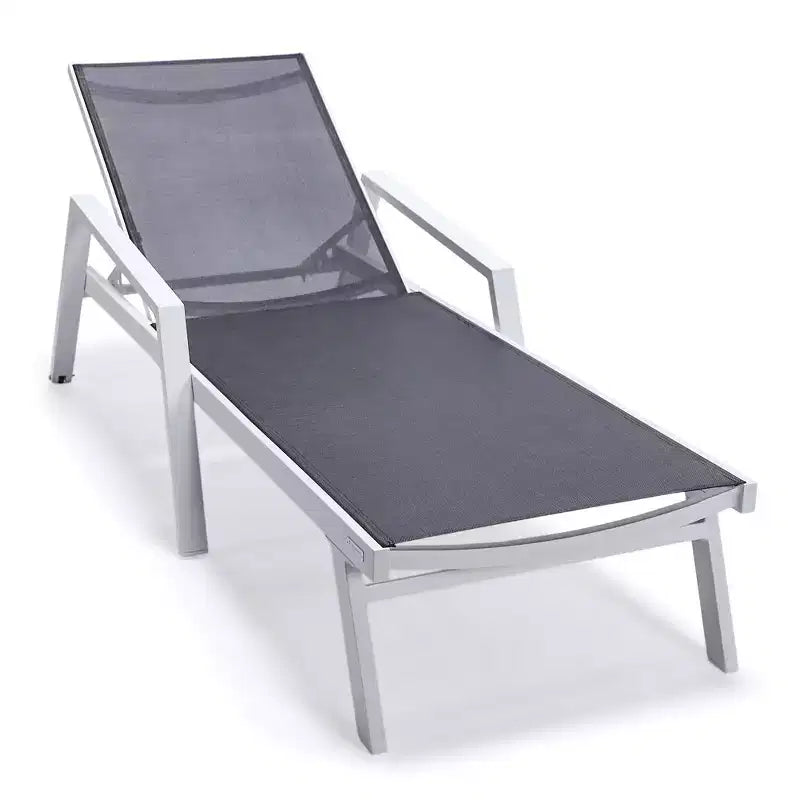 LeisureMod Marlin Modern White Aluminum Patio Chaise Lounge Chair with Arms and Square Fire Pit Side Table, Outdoor Seating for Patio, Deck, Poolside