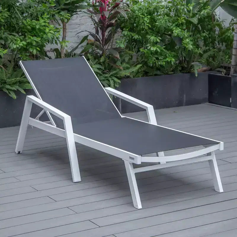 LeisureMod Marlin Modern White Aluminum Patio Chaise Lounge Chair with Arms and Square Fire Pit Side Table, Outdoor Seating for Patio, Deck, Poolside