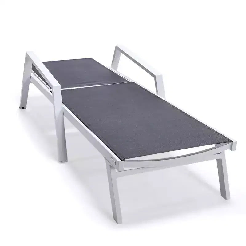 LeisureMod Marlin Modern White Aluminum Patio Chaise Lounge Chair with Arms and Square Fire Pit Side Table, Outdoor Seating for Patio, Deck, Poolside