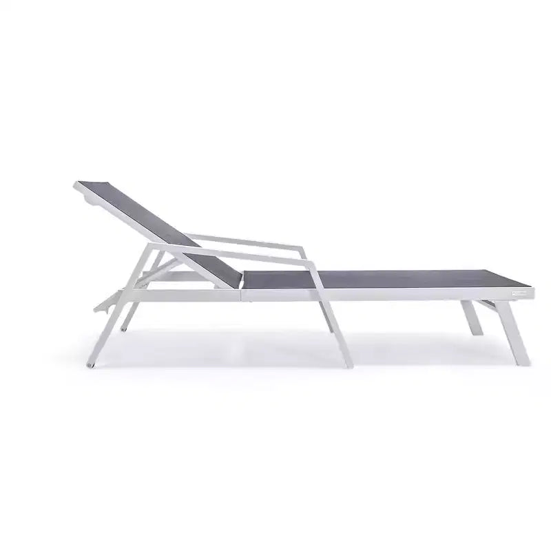 LeisureMod Marlin Modern White Aluminum Patio Chaise Lounge Chair with Arms and Square Fire Pit Side Table, Outdoor Seating for Patio, Deck, Poolside