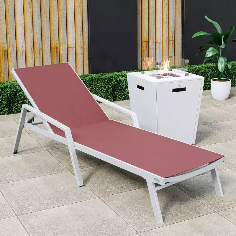 LeisureMod Marlin Modern White Aluminum Patio Chaise Lounge Chair with Arms and Square Fire Pit Side Table, Outdoor Seating for Patio, Deck, Poolside