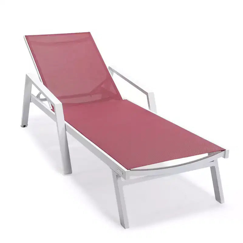 LeisureMod Marlin Modern White Aluminum Patio Chaise Lounge Chair with Arms and Square Fire Pit Side Table, Outdoor Seating for Patio, Deck, Poolside