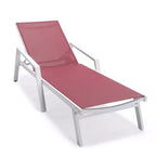 LeisureMod Marlin Modern White Aluminum Patio Chaise Lounge Chair with Arms and Square Fire Pit Side Table, Outdoor Seating for Patio, Deck, Poolside